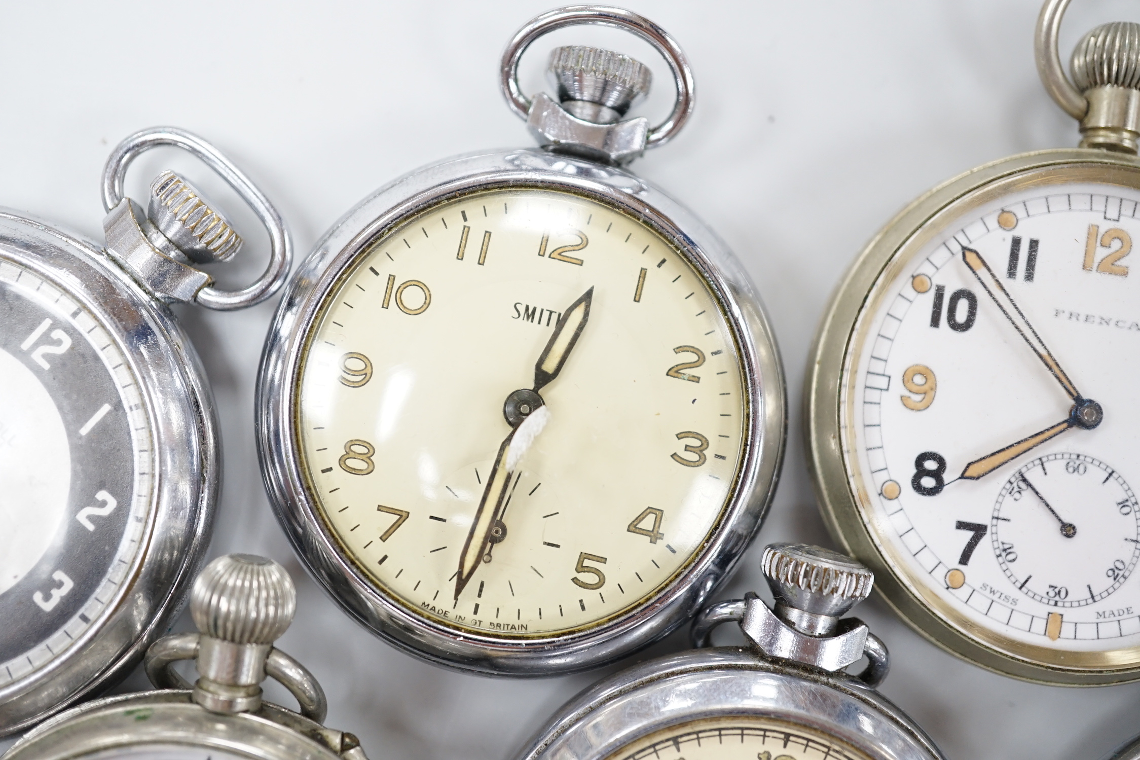 Ten assorted base metal pocket watches including Frenca, Smiths and gun metal.